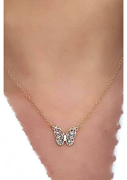 Swarovski Taşlı 925AYAR Gümüş Üzerine Altın Kaplama Kelebek Kolye modelleri