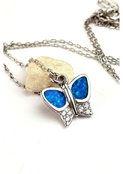 Opal Taşlı Italyan 925 Ayar Gümüş Kelebek Kolye