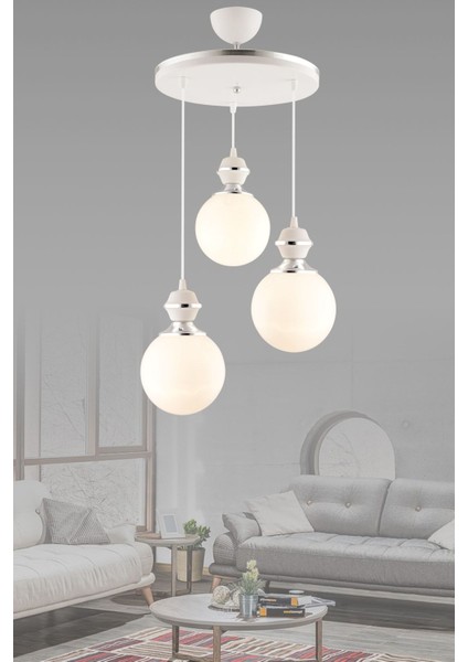 Berru 3lü Tepsi Beyaza Krom Lüks Glop Camlı Modern Avize