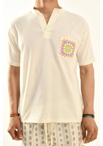 Ekru Örgü Cep Detay Keten T-Shirt