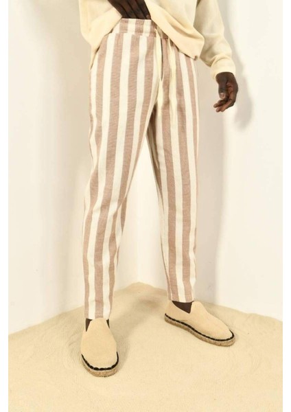 Siyah Çizgili Bohem Keten Pantolon