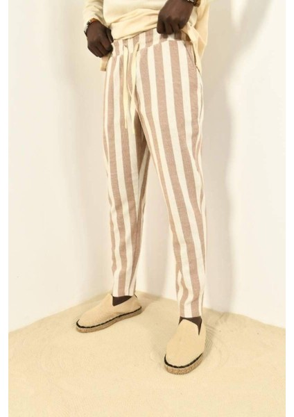 Siyah Çizgili Bohem Keten Pantolon modelleri