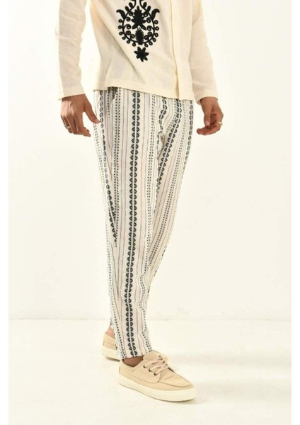 Bej Desenli Bohem Keten Pantolon 450349