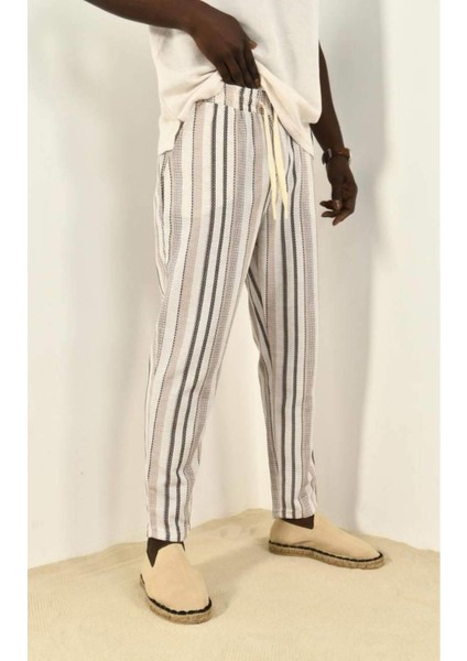 Kahve Çizgili Keten Pantolon 450338
