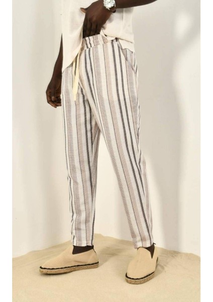 Kahve Çizgili Keten Pantolon 450338 modelleri