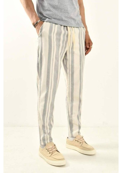 Kahve Erkek Çizgili Keten Pantolon fiyatları