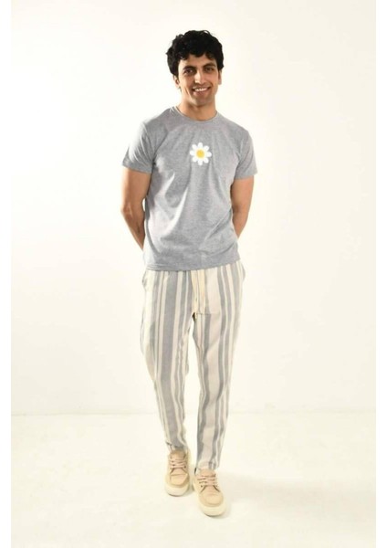 Kahve Erkek Çizgili Keten Pantolon modelleri