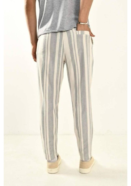 Kahve Erkek Çizgili Keten Pantolon fırsatları