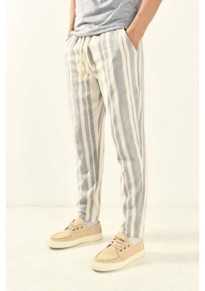 Kahve Erkek Çizgili Keten Pantolon indirimleri