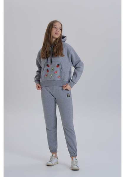 Gri Meyve Aksesuarlı Kapüşonlu Üç Iplik Kadın Sweatshirt fırsatları