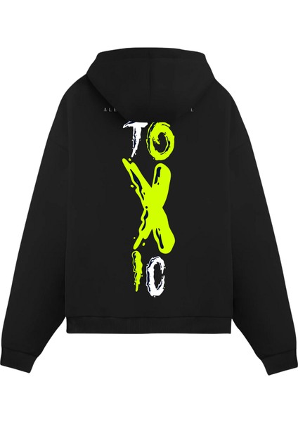 Baskılı Siyah Oversize Fit Pamuklu Kapüşonlu Sweatshirt