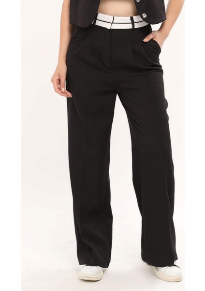 Kadın Ters Kemerli Palazzo Pantalon - Siyah
