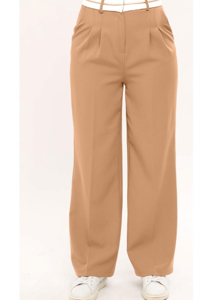 Kadın Ters Kemerli Palazzo Pantalon - Vizon fiyatları