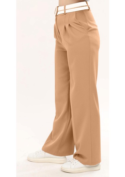 Kadın Ters Kemerli Palazzo Pantalon - Vizon modelleri