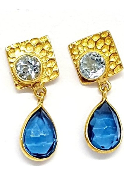 Aqumarin ve Zirkon Taşlı Gümüş Tasarım Küpe