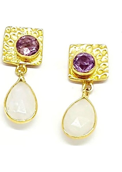 Ay Taşı ve Ametişt Taşlı Tasarım Gümüş Küpe