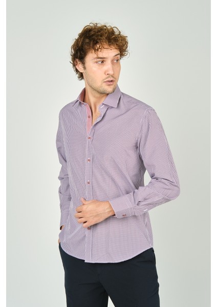 Erkek Slim Fit Ekoseli Uzun Kollu %100 Pamuk Gömlek 2060 Bordo