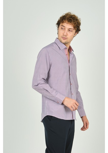 Erkek Slim Fit Ekoseli Uzun Kollu %100 Pamuk Gömlek 2060 Bordo modelleri