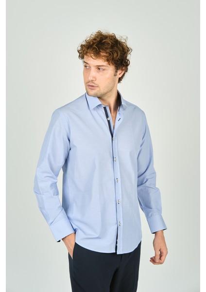 Erkek Slim Fit Uzun Kollu %100 Pamuk Gömlek 2008 Açık Mavi