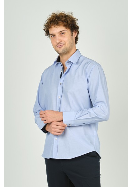 Erkek Slim Fit Uzun Kollu %100 Pamuk Gömlek 2008 Açık Mavi modelleri