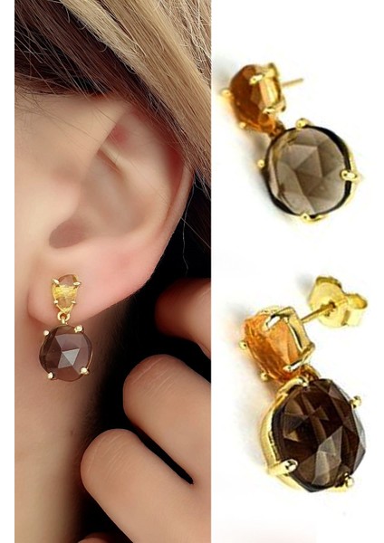 Sitrin ve Dumanlı Kuvars Taşlı 925ayar Gümüş Üzerine Altın Kaplama Tasarım Doğal Taş Küpe