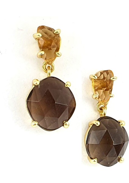 Sitrin ve Dumanlı Kuvars Taşlı 925ayar Gümüş Üzerine Altın Kaplama Tasarım Doğal Taş Küpe fiyatları