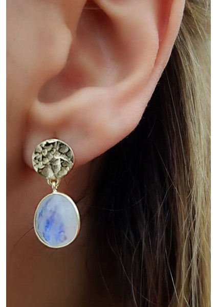 Ay taşı el işi gümüş üzerine altın kaplama küpe