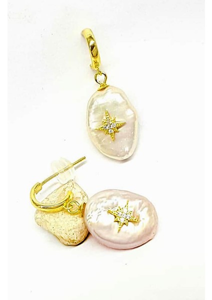 Barok İncili Kutup Yıldızı Detaylı Gümüş Üzerine Altın Kaplama Küpe