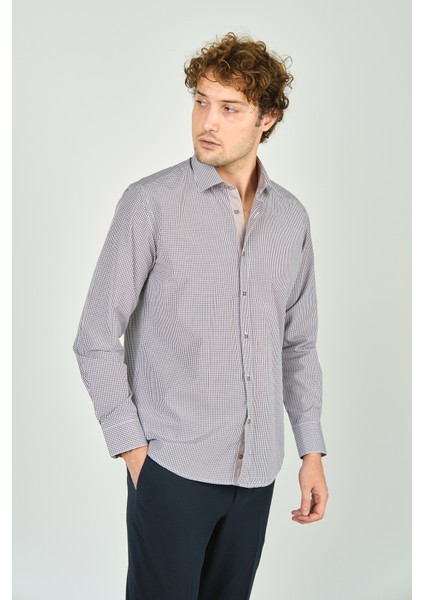 Erkek Slim Fit Ekoseli Uzun Kollu %100 Pamuk Gömlek 2060 Kahverengi