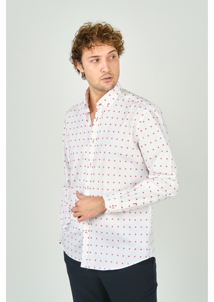 Erkek Slim Fit Uzun Kollu Desenli %100 Pamuk Gömlek 2043 Kırmızı