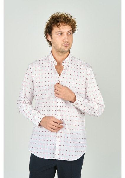 Erkek Slim Fit Uzun Kollu Desenli %100 Pamuk Gömlek 2043 Kırmızı fiyatları