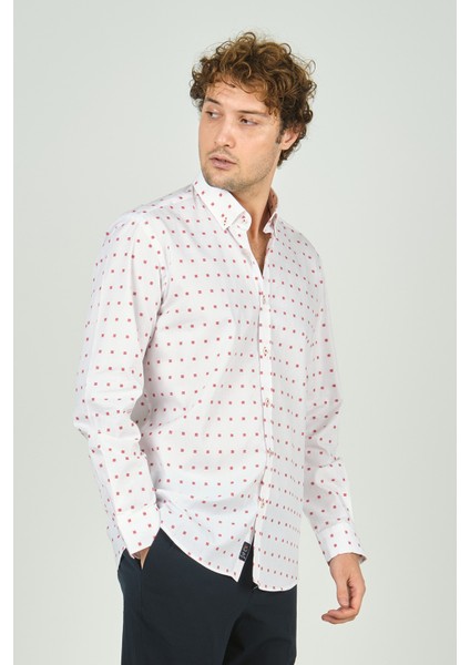 Erkek Slim Fit Uzun Kollu Desenli %100 Pamuk Gömlek 2043 Kırmızı modelleri