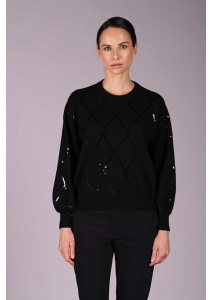 Kadın Bisiklet Yaka Baklava Desenli Pullu Triko Kazak 2561 Siyah