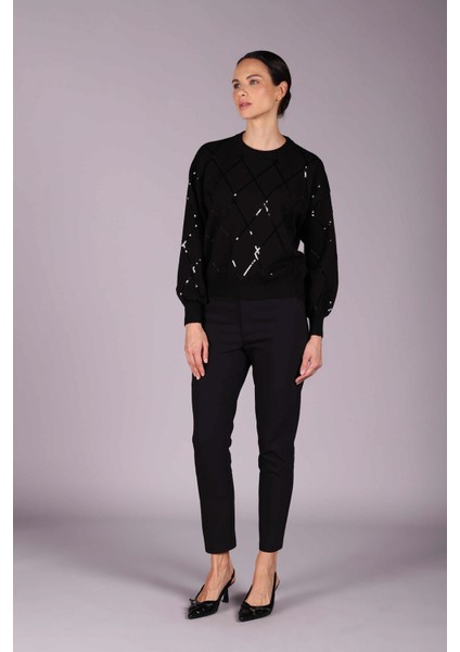 Kadın Bisiklet Yaka Baklava Desenli Pullu Triko Kazak 2561 Siyah fiyatları