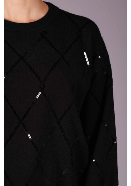 Kadın Bisiklet Yaka Baklava Desenli Pullu Triko Kazak 2561 Siyah modelleri