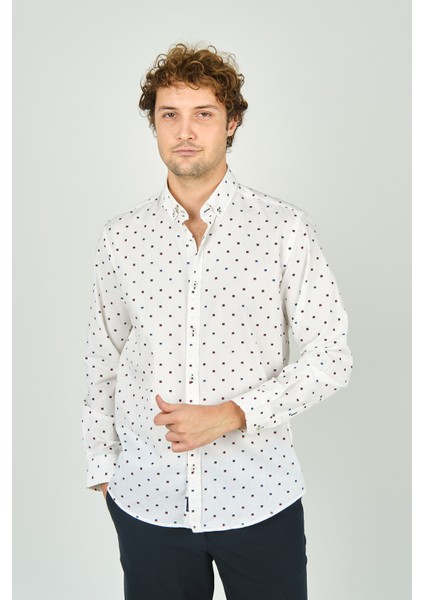 Erkek Slim Fit Desenli Uzun Kol %100 Pamuk Gömlek 2041 Ekru
