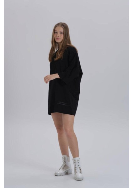 Siyah Kadın Sırt Baskı Detay Oversize T-Shirt Elbise