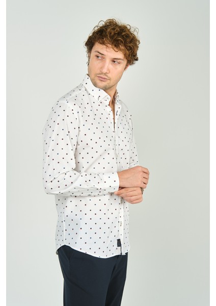 Erkek Slim Fit Desenli Uzun Kol %100 Pamuk Gömlek 2041 Ekru