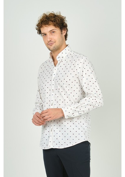 Erkek Slim Fit Desenli Uzun Kol %100 Pamuk Gömlek 2041 Ekru