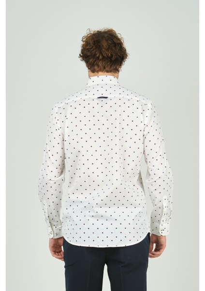 Erkek Slim Fit Desenli Uzun Kol %100 Pamuk Gömlek 2041 Ekru