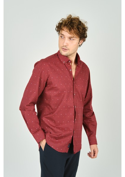 Erkek Slim Fit Desenli Uzun Kollu %100 Pamuk Gömlek 2045 Kırmızı