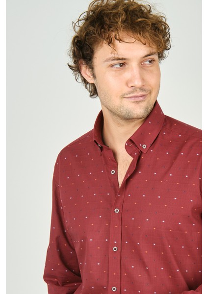 Erkek Slim Fit Desenli Uzun Kollu %100 Pamuk Gömlek 2045 Kırmızı