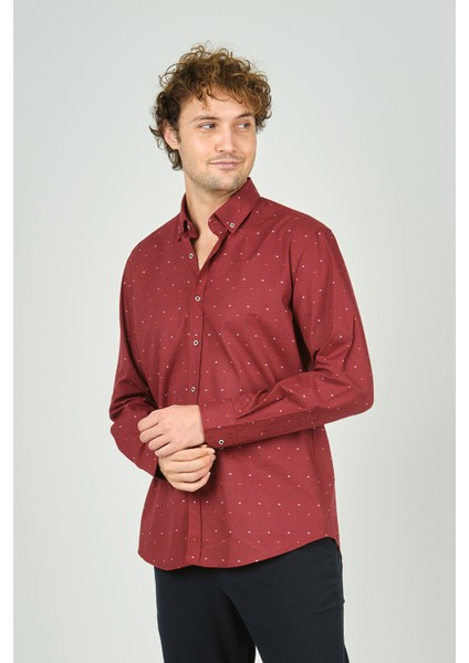Erkek Slim Fit Desenli Uzun Kollu %100 Pamuk Gömlek 2045 Kırmızı