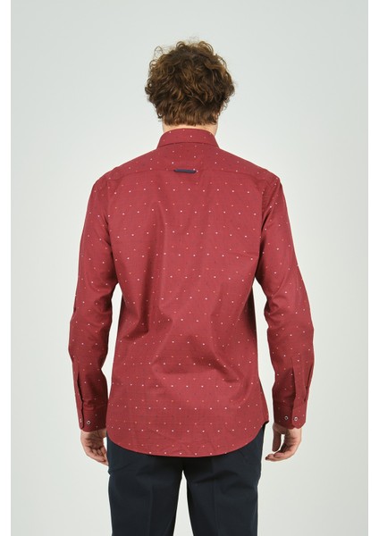 Erkek Slim Fit Desenli Uzun Kollu %100 Pamuk Gömlek 2045 Kırmızı