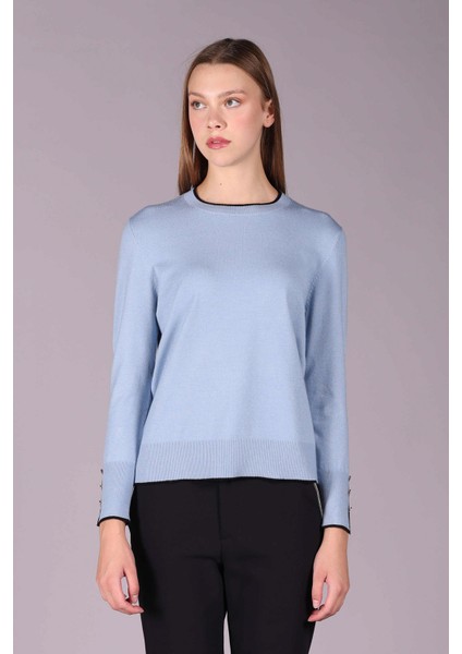 Kadın Bisiklet Yaka Düğme Detaylı Uzun Kollu Triko Kazak 2577 Mavi Siyah