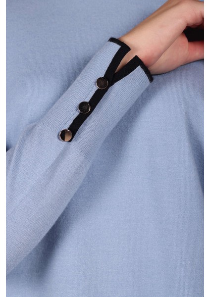 Kadın Bisiklet Yaka Düğme Detaylı Uzun Kollu Triko Kazak 2577 Mavi Siyah fiyatları