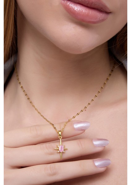 Gold Renkli Çelik Kuzey Yıldızı Pembe Kolye fırsatları