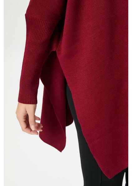 Kadın Zenta Oversize Yan Yırtmaçlı Bordo Triko Kazak