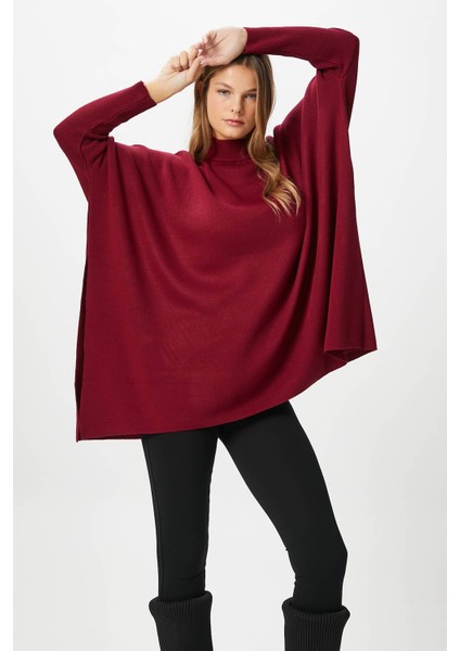 Kadın Zenta Oversize Yan Yırtmaçlı Bordo Triko Kazak