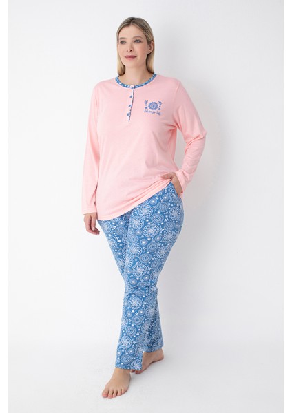 Pembe/mavi Desenli Büyük Beden Pijama Takımı